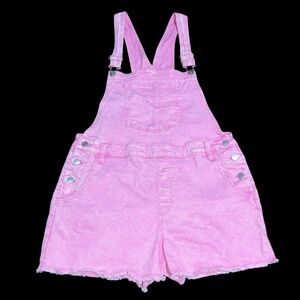 NOBO No Boundaries Shortalls Sz XL 15-17 Pink Denim Overalls Stretch Raw Hem